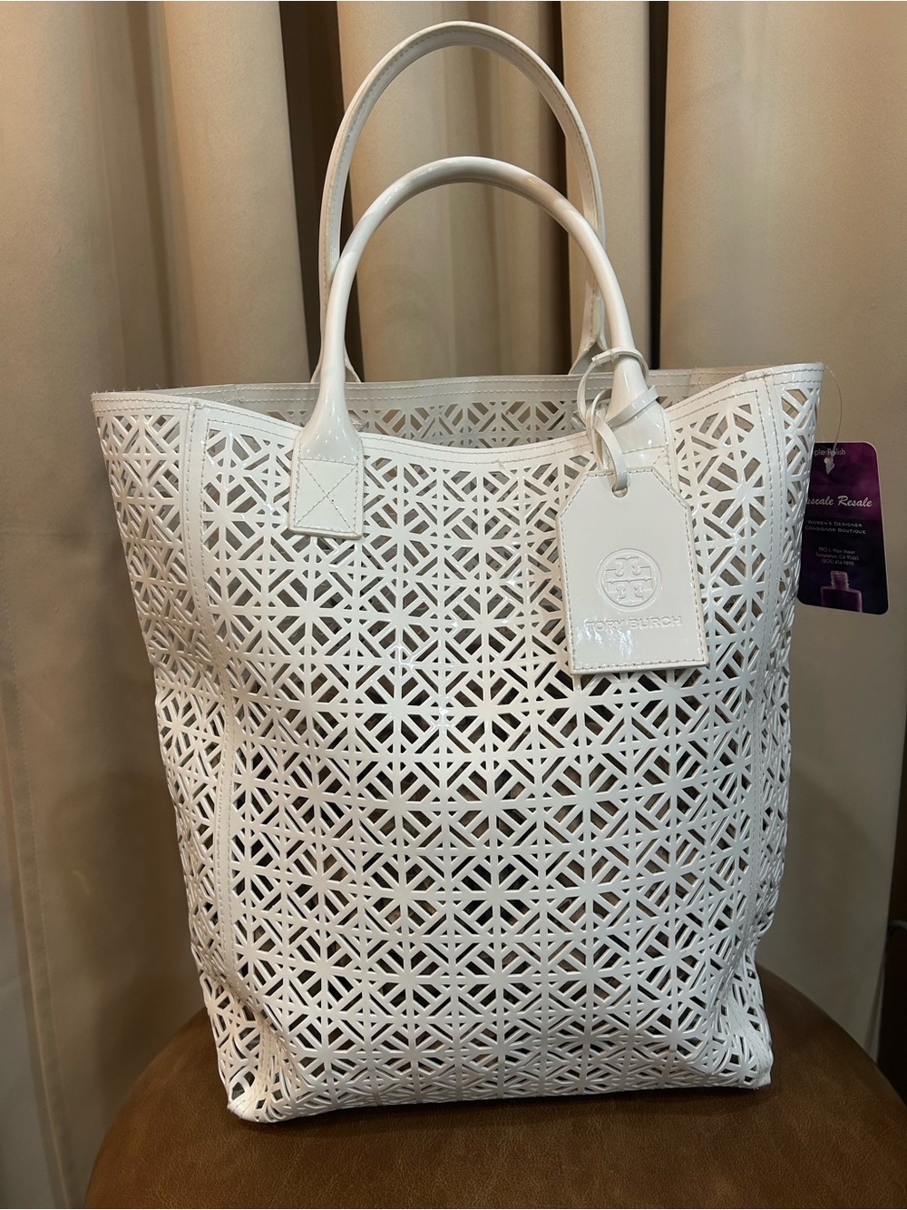 Tory Burch White Laser-Cut Leather Tote with Branded Tag